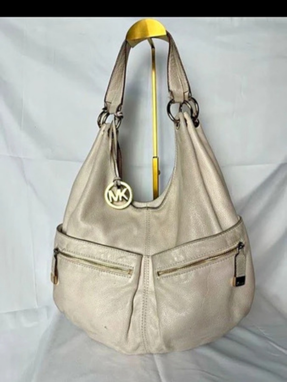 Michael Kors Ivory Pebbled Leather Hobo Shoulder Bag Gold MK Charm